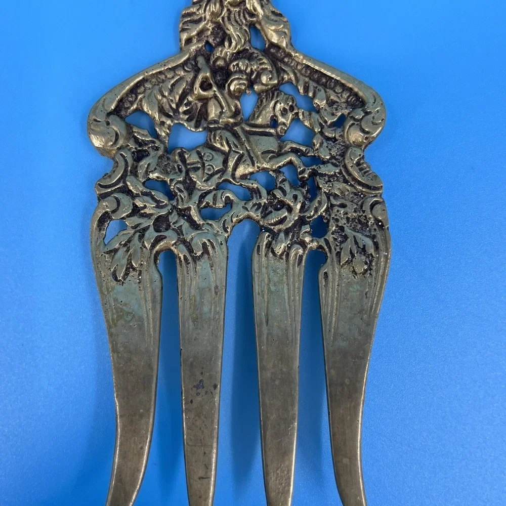 Vintage Ornate Silver Plated‎ Knight Mermaid Pierced Salad Serving Set 2pc